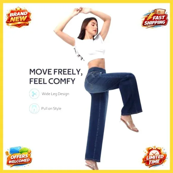 High Waisted Wide Leg Jeans, Stretchy Tummy Control, Pull On Straight Leg Denim
